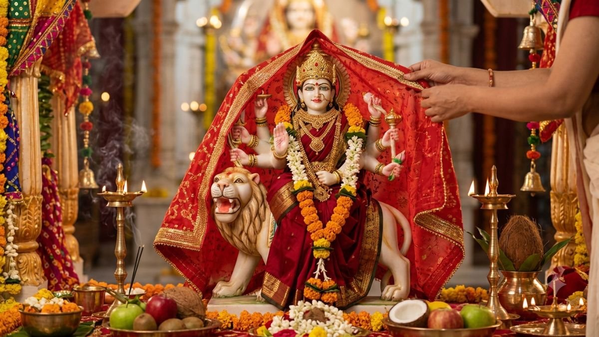 मां दुर्गा को लाल चुनरी
